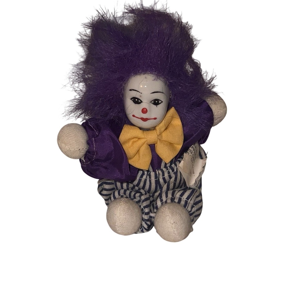 Vintage 1980s Q-Tee Sand-Filled Clown Doll Purple Hair Mardi Gras Theme NOLA